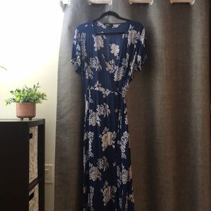 Navy Blue Floral Print Wrap Maxi Dress